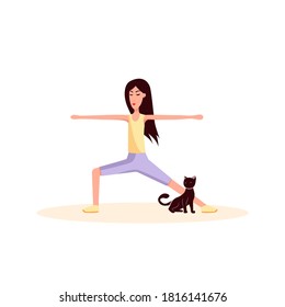 Woman and cat doing gymnastics. Color vector flat cartoon illustration isolated on white.