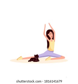 Woman and cat doing gymnastics. Color vector flat cartoon illustration isolated on white.