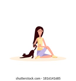 Woman and cat doing gymnastics. Color vector flat cartoon illustration isolated on white.