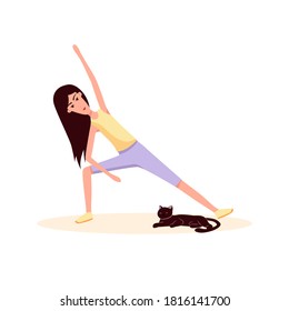 Woman and cat doing gymnastics. Color vector flat cartoon illustration isolated on white.