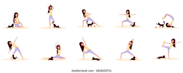 Woman with cat doing gymnastics. Set of poses standing and sitting yoga. Color vector flat cartoon illustration isolated on white.