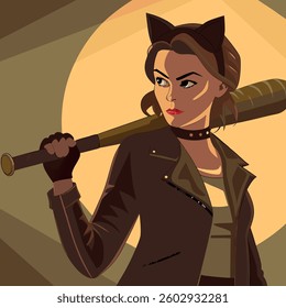 Woman with cat ears and baseball bat