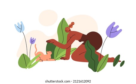 Woman, Cat In Flowers, Plants. Harmony, Peace, Unity With Nature Concept. Human, Flora And Fauna. Love, Tenderness, Interaction With Environment. Flat Vector Illustration Isolated On White Background.