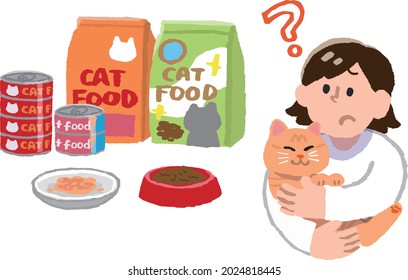 A woman and cat food who have doubts while holding a domestic cat