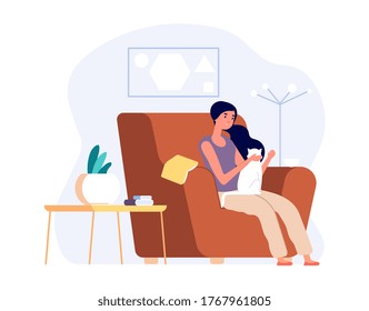 Woman with cat. Girl relaxed in cozy living room and stroking kitten. Self isolation, female with pet drink coffee, autumn season vector illustration. Cozy chair for woman with cat