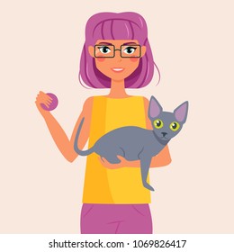 Woman with cat in hands Vector. Cartoon. Isolated art 