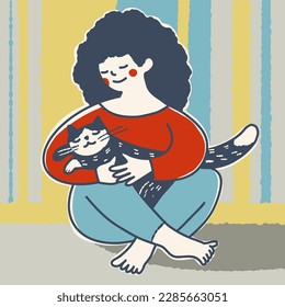A woman and cat in her arms  Vector illustration in cartoon style 