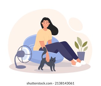 Woman with cat. Hostess with pet under fan. Comfortable and cozy apartment. Summer season and heat, air conditioning and wind. Adorable character at apartment. Cartoon flat vector illustration
