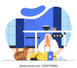 Woman with cat indoor concept. Young girl sitting near domestic animal with bowl of food. Care about pets and domestic animals. Comfort and coziness in apartment. Cartoon flat vector illustration