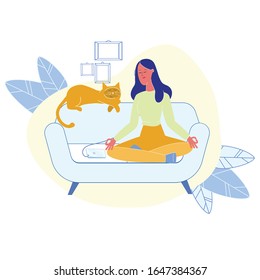 Woman with Cat Meditating Flat Vector Illustration. Owner and Pet Healthy Lifestyle. Girl Listening to Relaxing Music, Sitting in Lotus Position. Lady Practicing Yoga Concentrating Pose