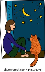 Woman with cat. Night in the city. Hand drawn illustration. 