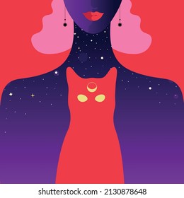 Woman and Cat, night concept, Luna and stars illustration.