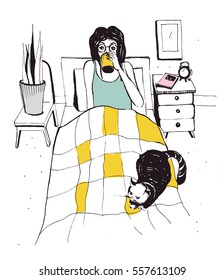 Woman with cat on the bed. Vector hand drawn illustration.