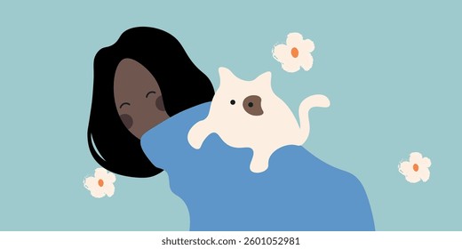 
woman with cat on her back. 