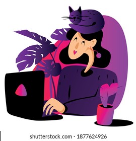 Woman with a cat on her head typing on a laptop. Funny vector illustration about freelance or work from home problems