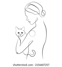 Woman with cat one line drawing on white isolated background 