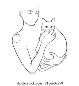 Woman with cat one line drawing on white isolated background 