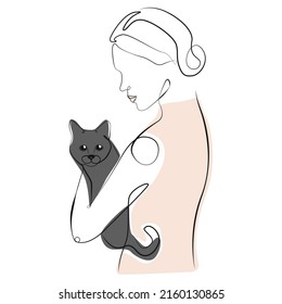 Woman with cat one line drawing on white isolated background 