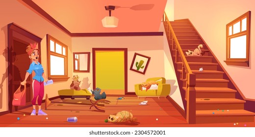 Woman cat owner shocked in messy hall interior cartoon vector background. Door entrance in home apartment with wooden floor and wooden furniture. Pet damage hallway corridor room with staircase