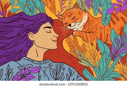 Woman and cat peaceful nature scene vibrant colors surrounded by lush foliage and floral elements in a stylized design perfect for website or banner