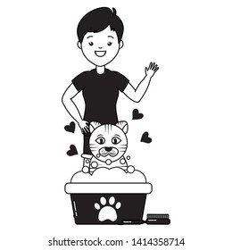 woman cat pet grooming bucket and brush vector illustration