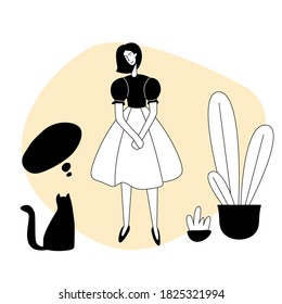 Woman, cat and plant doodle vector card template. Funny background for use in design. 