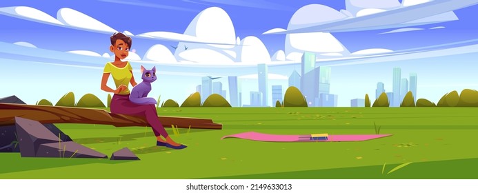 Woman with cat relax on lawn landscape with city skyline. Cartoon female character with pet enjoying summer outdoor recreation at green park meadow or countryside grassland field, Vector illustration