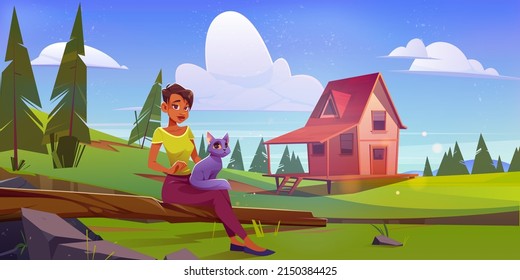 Woman with cat relax on summer nature landscape with wooden stilt house on lawn. Cartoon female character with pet enjoying outdoor recreation at meadow with countryside cottage, Vector illustration