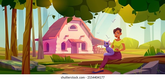 Woman with cat relax on summer nature landscape with stone house on forest lawn. Cartoon female character with pet enjoying outdoor recreation at meadow with countryside cottage, Vector illustration