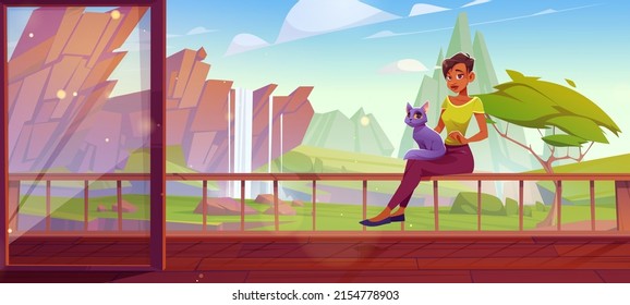 Woman with cat relax at outdoor home terrace with beautiful nature landscape view with waterfall and mountains. Female character resting at wooden patio or hotel balcony, Cartoon vector illustration