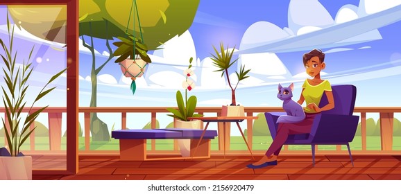 Woman with cat relax at outdoor home terrace. Female character with pet on knees sitting at wooden patio at armchair with table, green plants, trees and yard lawn view, Cartoon vector illustration