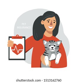 Woman with a cat shows pet insurance blank. Happy female with grey kitten on her hands. Hand drawn flat vector illustration on a white background. Pet insurance consept with a space for text.