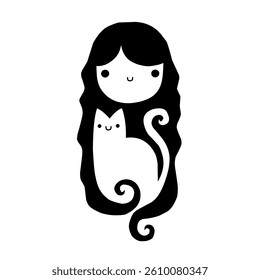 Woman and a cat silhouette cartoon illustration 