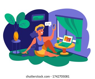 A woman with a cat sits on the floor and talks on the phone. Stay at home, work from home, flowers in a pot, home office. Flat Vector Illustration.