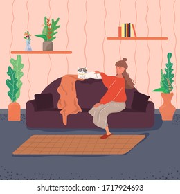 Woman and cat sitting on a sofa at home. Alone woman relaxing at home with pet. Vector illustration in cartoon flat syle.