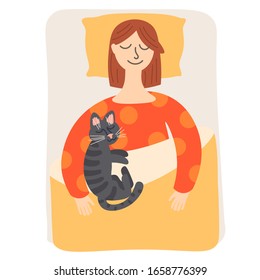 Woman with cat sleeping in flat style isolated on white background. Vector illustration. 