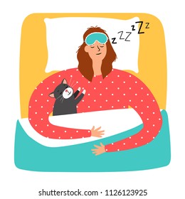 Woman And Cat Sleeping, Vector Illustration On White Background