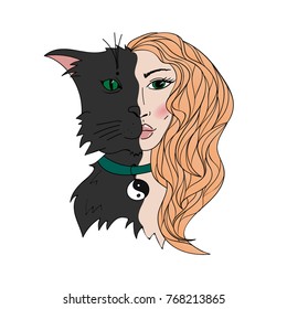 woman cat vector illustration