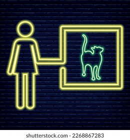 Woman and cat, vector image. Icon, logo, signs neon 