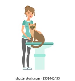 Woman with Cat in Vet Clinic Flat Illustration. Smiling Girl with Siamese on Examining table Wait Veterinarian. Cat Show. Human and Animal Relationship. Young Woman, Cat Cartoon Character