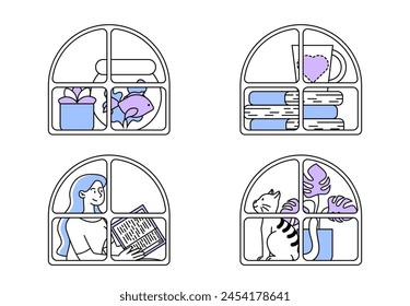 Mujer con gato en ventanas simples. Peces dentro del acuario con gatito. Propietaria con animal doméstico sentado en el interior. Confort y comodidad. Doodle Ilustración vectorial plana aislada sobre fondo blanco