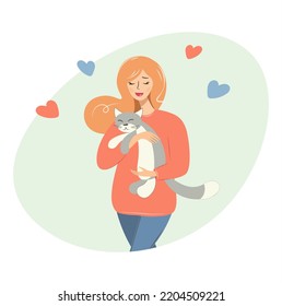 Woman with a cat. Young girl holding and hugging gray kitten, cozy relaxing friendship of girl and domestic animal in flat design vector illustration isolated on white background.