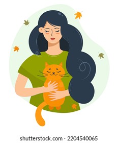 Woman with a cat. Young girl holding and hugging ginger kitten, cozy relaxing friendship of brunette and pet in flat cartoon design vector illustration on autumn leaves background.