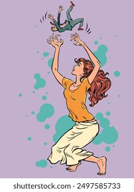 A woman catches a man with her hands. Applications for dating and finding your soulmate. A gift for a man for the holiday. Pop Art Retro Vector Illustration Kitsch Vintage 50s 60s Style