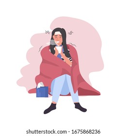 woman catching cold having headache girl covered with blanket drinking tea influenza infection symptoms flu sickness full length vector illustration