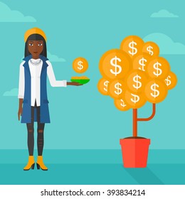 Woman catching dollar coins.