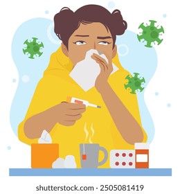 woman catching flu with tissue in her hand illustration