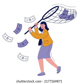 Woman catching money with net. Businesswoman running after cash money flying away. Achieving financial goal, attracting investments, saving money, business success, money concept