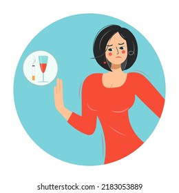 The Woman Is Categorically Against Alcohol And Smoking. Icon Of A Girl Giving Up Bad Habits In Flat Design. Stop Drinking And Smoking For Good Health. Vector Illustration.