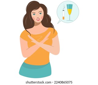 La mujer está categóricamente en contra del alcohol y el tabaco. Icono de una chica que abandonó los malos hábitos. Dejar de beber y fumar, es perjudicial para la salud. Ilustración vectorial. Estilo plano.